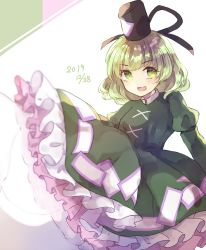 Rule 34 | 1girl, black headwear, commentary request, dated, dress, ghost tail, green background, green dress, green eyes, green hair, hair between eyes, hat, highres, long sleeves, looking at viewer, medium hair, open mouth, sanasanayukikuni, smile, soga no tojiko, tokin hat, touhou, white background