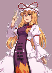 Rule 34 | 1girl, blonde hair, bow, breasts, dress, grey background, hair bow, hat, highres, juliet sleeves, kakone, long hair, long sleeves, looking at viewer, mob cap, multiple bows, open mouth, outline, puffy sleeves, purple eyes, red bow, simple background, solo, standing, tabard, touhou, v, white dress, white hat, white outline, yakumo yukari