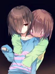 Rule 34 | 2girls, androgynous, arm at side, blue background, blue shirt, blush stickers, brown hair, chara (undertale), closed mouth, collarbone, commentary request, emia (castilla), frisk (undertale), gradient background, green shirt, hair between eyes, hair over one eye, half-closed eyes, hand up, head tilt, highres, hug, hug from behind, long sleeves, looking at another, looking down, multiple girls, red eyes, shirt, short hair, sleeves past wrists, smile, striped clothes, striped shirt, undertale, | |