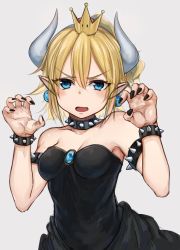 Rule 34 | 1girl, absurdres, bare shoulders, black dress, black nails, blonde hair, blue eyes, blush, bowsette, bracelet, breasts, claw pose, claws, cleavage, collar, commentary request, crown, dress, earrings, grey background, hair between eyes, highres, horns, hoshimiya aki, jewelry, looking at viewer, mario (series), medium breasts, nail polish, new super mario bros. u deluxe, nintendo, open mouth, paw pose, pointy ears, ponytail, revision, short hair, simple background, sketch, solo, spiked bracelet, spiked collar, spikes, super crown