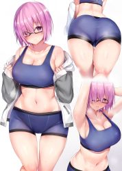 Rule 34 | 1girl, absurdres, alternate costume, armpits, arms behind head, arms up, ass, bare shoulders, bike shorts, blue bra, blue gk, blue shorts, blush, bra, breasts, cleavage, fate/grand order, fate (series), glasses, grey jacket, hair over one eye, highres, hip focus, hood, hoodie, jacket, large breasts, light purple hair, looking at viewer, mash kyrielight, multiple views, navel, open clothes, open jacket, parted lips, purple eyes, short hair, shorts, simple background, sports bra, sweat, thighs, towel, underwear, white background