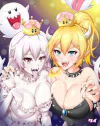 Rule 34 | 2girls, adapted costume, aqua eyes, arm around shoulder, backlighting, bare shoulders, black dress, black nails, blonde hair, blush, boo (mario), bowsette, bracelet, breasts, breath weapon, breathing fire, brooch, choker, claw pose, cleavage, collar, colored skin, dress, earrings, elbow gloves, fingernails, fire, frilled choker, frilled dress, frills, ghost pose, gloves, hand on another&#039;s shoulder, high ponytail, highres, horns, jewelry, keikyu (tiltedcube), large breasts, leaning forward, light, light particles, light purple hair, long hair, looking at viewer, luigi&#039;s mansion, mario (series), multiple girls, nail polish, new super mario bros. u deluxe, nintendo, open mouth, pale skin, pointy ears, ponytail, princess king boo, red eyes, sharp fingernails, sharp teeth, shiny clothes, shiny skin, short hair, side-by-side, sidelocks, smile, spiked bracelet, spiked collar, spikes, strapless, strapless dress, super crown, tail, teeth, tongue, tongue out, very long hair, white choker, white dress, white gloves, white skin