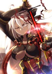 Rule 34 | 1girl, ahoge, arm guards, bow, breasts, cleavage, cleavage cutout, clothing cutout, commentary request, drawing sword, fate/grand order, fate (series), gloves, glowing, hair between eyes, hair bow, hair ornament, holding, holding sword, holding weapon, jacket, large breasts, long hair, long sleeves, majin saber, matsumoto tomoyohi, okita souji (fate), okita souji (koha-ace), okita souji alter (fate), one eye closed, partially fingerless gloves, ponytail, sheath, shiny skin, solo, sword, tan, underboob, unsheathing, weapon, white hair