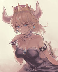Rule 34 | 1girl, backlighting, bare shoulders, black dress, blonde hair, blue eyes, bowsette, bracelet, breasts, cleavage, collar, crown, dress, earrings, hair between eyes, half-closed eyes, hand on own chin, hand up, horns, jewelry, large breasts, looking at viewer, mario (series), new super mario bros. u deluxe, nintendo, pointy ears, ponytail, shell, simple background, smile, solo, spiked bracelet, spiked collar, spikes, super crown, tea-supun, upper body