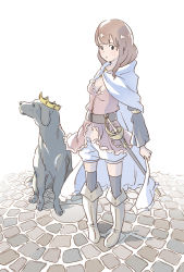Rule 34 | 1girl, armlet, belt, boots, brown hair, cape, cobblestone, crown, dog, knee boots, navel, original, popman3580, simple background, solo, sword, thighhighs, weapon, white background