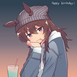 Rule 34 | 1girl, aimai (luckyfive), animal ears, beanie, black background, blue jacket, brown background, closed mouth, cup, drawstring, drinking glass, drinking straw, ears through headwear, gradient background, grey hat, hand up, happy birthday, hat, highres, hood, hood down, hoodie, horse ears, jacket, long hair, looking at viewer, mouth hold, nakayama festa (umamusume), open clothes, open jacket, purple eyes, smile, solo, umamusume, upper body, white hoodie