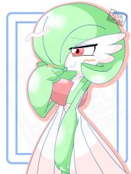 artist_name ash_irasto bob_cut colored_skin creatures_(company) dress game_freak gardevoir gen_3_pokemon green_hair green_skin hair_over_one_eye highres multicolored_skin nintendo pink_eyes pokemon pokemon_(creature) signature smile two-tone_skin white_dress white_skin