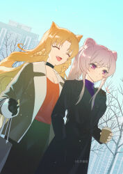 Rule 34 | 2girls, :d, ^ ^, arknights, bare tree, black coat, black gloves, black skirt, blonde hair, blue sky, building, closed eyes, closed mouth, coat, coffee cup, commentary request, cup, day, disposable cup, dutch angle, fang, gloves, gogatsu fukuin, hand on another&#039;s shoulder, highres, holding, holding cup, lin (arknights), looking away, multiple girls, open mouth, outdoors, purple eyes, purple hair, purple shirt, red shirt, ringlets, shirt, sidelocks, skirt, sky, smile, swire (arknights), tree, twitter username, watermark