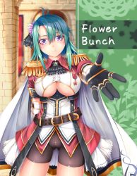 Rule 34 | 1girl, ayase tamaki, badge, belt, bike shorts, black gloves, breasts, cape, center opening, cowboy shot, ascot, epaulettes, flower, flower knight girl, gloves, green hair, hair flower, hair ornament, looking at viewer, military, military uniform, outstretched hand, purple eyes, saboten (flower knight girl), short hair, smile, solo, underboob, uniform