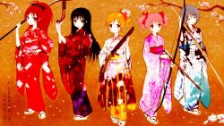 Rule 34 | 10s, 5girls, akemi homura, antique firearm, arrow (projectile), bad id, bad pixiv id, bow (weapon), branch, cherry blossoms, firearm, firelock, flintlock, floral print, flower, furisode, gun, handgun, highres, japanese clothes, kaname madoka, katana, kimono, kyubey, mahou shoujo madoka magica, mahou shoujo madoka magica (anime), miki sayaka, multiple girls, musket, naginata, obi, petals, polearm, sakura kyoko, sandals, sash, sword, tabi, tomoe mami, weapon, yoshinogai, zouri