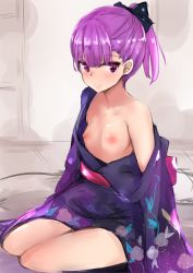 Rule 34 | 1girl, bad id, bad twitter id, breasts, fate/grand order, fate (series), futon, helena blavatsky (fate), highres, japanese clothes, kimono, long hair, muoto, nipples, no bra, off shoulder, open clothes, open kimono, ponytail, purple eyes, purple hair, ribbon, sitting, sleeves past wrists, small breasts, smile, solo, yukata