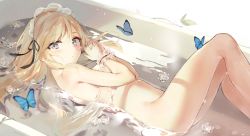 Rule 34 | 1girl, absurdres, ass, bathing, bathtub, blonde hair, breasts, bug, butterfly, expressionless, flower, grey eyes, headdress, highres, bug, long hair, looking at viewer, lying, medium breasts, navel, nude, on back, original, own hands together, sabet (young ouo), solo, water, wrist cuffs