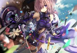 Rule 34 | 1girl, armor, armored dress, armpits, bare shoulders, blush, breasts, bug, butterfly, cowboy shot, elbow gloves, eyes visible through hair, fate/grand order, fate (series), flower, fou (fate), gloves, hair over one eye, insect, light purple hair, looking at viewer, mash kyrielight, medium breasts, navel, parted lips, purple gloves, shield, shino (eefy), short hair, smile, torn clothes, vambraces