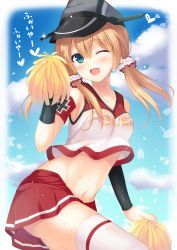 Rule 34 | 10s, 1girl, ;d, alternate costume, blonde hair, blush, cheering, cheerleader, crop top, crop top overhang, cross, hat, iron cross, kantai collection, long hair, looking at viewer, midriff, navel, one eye closed, open mouth, peaked cap, pom pom (cheerleading), prinz eugen (kancolle), skirt, smile, solo, sweat, thighhighs, tomoo (tomo), translated, twintails, white thighhighs, zettai ryouiki