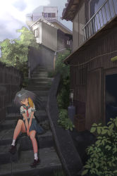 Rule 34 | 1girl, alternate costume, bare arms, bare legs, black hair, building, closed mouth, contemporary, day, full body, grey hair, hair between eyes, head tilt, highres, kemono friends, knee up, long hair, looking at viewer, miniskirt, multicolored hair, neckerchief, no tail, no wings, orange eyes, orange hair, outdoors, outstretched leg, own hands together, plant, pleated skirt, sailor collar, scenery, school uniform, serafuku, shirt, shoebill (kemono friends), shoes, short sleeves, sidelocks, sitting, skirt, smile, solo, stairs, stone stairs, v arms, wide shot, yodare (b5dlvylr8xxzpjl)