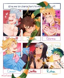 Rule 34 | 6+boys, absurdres, battle tendency, black sclera, blonde hair, blue eyes, blue gloves, bombyoon, brown hair, caesar anthonio zeppeli, character name, colored sclera, diamond wa kudakenai, facial mark, feather hair ornament, feathers, flattop, giorno giovanna, gloves, green eyes, green hair, grey hair, hair ornament, headband, highres, jean pierre polnareff, jojo no kimyou na bouken, joseph joestar, joseph joestar (young), kishibe rohan, kishibe rohan wa ugokanai, ladybug ornament, long hair, looking at another, male focus, multiple boys, multiple drawing challenge, pectorals, pompadour, red eyes, risotto nero, scarf, short hair, six fanarts challenge, stardust crusaders, striped clothes, striped scarf, tall hair, vento aureo, vertical-striped clothes, vertical-striped scarf, winged hair ornament