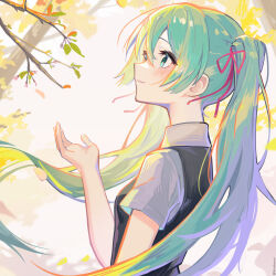Rule 34 | 1girl, aqua eyes, aqua hair, bare arms, black vest, blurry, blurry background, breasts, closed mouth, collared shirt, commentary request, day, eyelashes, falling petals, floating hair, from side, hair behind ear, hair between eyes, hair ribbon, hand up, hatsune miku, highres, light blush, long hair, looking up, nisokurui, open hand, outdoors, petals, profile, red ribbon, ribbon, shirt, short sleeves, small breasts, smile, solo, sunlight, tree, upper body, vest, vocaloid, white shirt