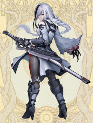 Rule 34 | 1girl, arm armor, black pantyhose, blood, blood on clothes, boots, braid, braided ponytail, breasts, brown background, closed mouth, dairoku ryouhei, detached sleeves, dress, from behind, frown, full body, grey footwear, grey hair, hair over one eye, hetza (hellshock), high heels, holding, holding weapon, leg armor, long hair, looking at viewer, medium breasts, multicolored hair, pantyhose, red eyes, sheath, sheathed, side slit, single braid, solo, standing, streaked hair, sword, torn clothes, very long hair, weapon, white dress
