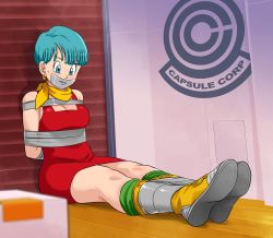 Rule 34 | 1girl, angry, arms behind back, bare shoulders, bdsm, blue eyes, blue hair, bondage, boots, bound, bound ankles, bound arms, breasts, bulma, capsule corp, cleavage, dragon ball, dragonball z, dress, earrings, female focus, full body, gag, gagged, highres, improvised gag, jewelry, legs, lost one zero, matching hair/eyes, mature female, red dress, scarf, short dress, short hair, sleeveless, sleeveless dress, solo, sweat, tape, tape bondage, tape gag, very short hair