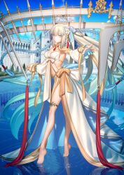 Rule 34 | 1girl, barefoot, bow, braid, breasts, day, detached sleeves, fate/grand order, fate (series), flower, grey hair, hair flower, hair ornament, long hair, looking at viewer, medium breasts, morgan le fay (fate), official art, outdoors, reflection, solo, standing, standing on liquid, takeuchi takashi, thigh strap, tiptoes, aesc (fate), very long hair, water