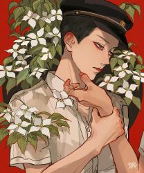 Rule 34 | 2boys, black hair, black headwear, brown eyes, closed mouth, collared shirt, commentary request, dogwood (flower), flower, half-closed eyes, hat, highres, holding another&#039;s wrist, kagoya1219, leaf, looking at another, male focus, multiple boys, original, out of frame, peaked cap, plant, red background, shirt, short hair, short sleeves, signature, solo focus, standing, upper body, very short hair, white flower, white shirt