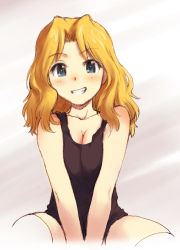 Rule 34 | 10s, 1girl, blonde hair, blue eyes, blush, breasts, casual, cleavage, colored pencil (medium), girls und panzer, grin, highres, kay (girls und panzer), long hair, looking at viewer, sakaki imasato, shorts, sitting, sketch, smile, solo, spread legs, tank top, thighhighs, traditional media, v arms, white thighhighs