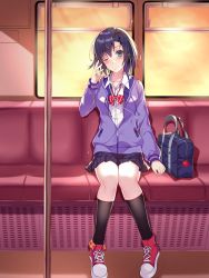 Rule 34 | 1girl, bag, black hair, black skirt, black socks, blue eyes, blue jacket, blurry, blurry foreground, bow, bowtie, closed mouth, commentary, cross-laced footwear, depth of field, digital media player, dress shirt, earphones, full body, highres, indoors, jacket, knees together feet apart, looking at viewer, miniskirt, one eye closed, open clothes, open jacket, original, pleated skirt, red bow, red bowtie, red footwear, rumeha (aormsj22), school bag, school uniform, shirt, shoes, short hair, sitting, skirt, smile, sneakers, socks, solo, striped bow, striped bowtie, striped clothes, striped neckwear, sunset, train interior, vertical stripes, white shirt, window, wing collar