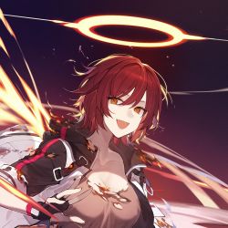 Rule 34 | 1girl, arknights, breasts, burnt clothes, cleavage, collarbone, exusiai (arknights), fang, female focus, fingerless gloves, fire, gloves, highres, inxst, jacket, large breasts, looking at viewer, red hair, short hair, solo, upper body, yellow eyes