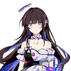 Rule 34 | 1girl, bare shoulders, beizhi, blue hair, brown hair, collarbone, commentary request, dress, girls&#039; frontline, girls&#039; frontline neural cloud, halo, highres, long hair, mechanical halo, multicolored hair, nanaka (neural cloud), purple eyes, simple background, smile, solo, straight-on, streaked hair, upper body, white background, white dress