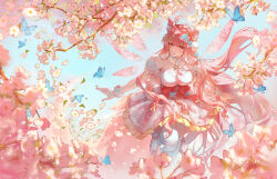 Rule 34 | 1girl, animal ear fluff, animal ears, bare shoulders, bell, blue butterfly, breasts, bug, butterfly, butterfly hair ornament, cherry blossoms, cleavage, closed mouth, commentary, commission, dress, english commentary, fairy wings, flower, frilled skirt, frills, full body, fur cuffs, fur shawl, hair flower, hair ornament, halo, highres, indie virtual youtuber, insect, large breasts, long hair, looking at viewer, neck bell, outdoors, pink dress, pink footwear, pink hair, pixiv commission, red eyes, shawl, shoes, skirt, smile, solo, strapless, strapless dress, tail, thighhighs, very long hair, virtual youtuber, white thighhighs, wings, yuni nya, zieru