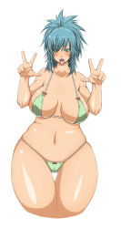 Rule 34 | 1girl, bad id, bad pixiv id, bikini, blue hair, blush, breasts, covered erect nipples, curvy, double v, green bikini, green eyes, highres, huge breasts, leona heidern, long hair, navel, no legs, plump, ponytail, solo, swimsuit, the king of fighters, thick thighs, thigh gap, thighs, tongue, tongue out, v, warumono tomii, wide hips