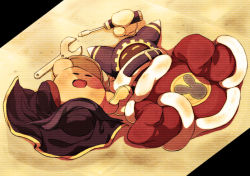 Rule 34 | 2boys, cape, closed eyes, coat, dew-spiegel, gloves, hat, kirby, kirby (series), lying, magolor, multiple boys, nintendo, no humans, on back, open mouth, rayman limbs, scanlines, screwdriver, sleeping, wrench