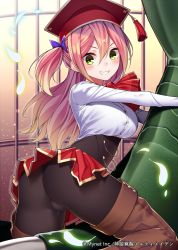 Rule 34 | 1girl, ass, black pantyhose, blonde hair, boots, breasts, female focus, gradient hair, green eyes, grin, hat, large breasts, long hair, long sleeves, looking at viewer, multicolored hair, official art, original, pantyhose, pink hair, ray-akila, shinki kakusei melty maiden, shirt, skirt, smile, solo, thigh boots, thighhighs, two side up, very long hair