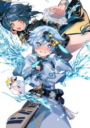 Rule 34 | 1girl, 2boys, ahoge, asymmetrical bangs, bishounen, blue eyes, blue hair, blue shorts, chinese clothes, chongyun (genshin impact), commentary, commentary request, earrings, fantasy, frilled shirt collar, frilled sleeves, frills, genshin impact, hair between eyes, highres, hydrokinesis, jewelry, long coat, long sleeves, looking at viewer, male focus, multiple boys, open mouth, potto55fe, shenhe (genshin impact), short hair, shorts, simple background, single earring, tassel, tassel earrings, teeth, thought bubble, upper teeth only, water, white background, xingqiu (genshin impact), yellow eyes
