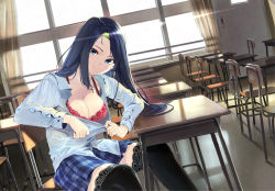 Rule 34 | 1girl, black thighhighs, blue eyes, blue hair, bra, breasts, buttons, chair, classroom, cleavage, closed mouth, clothes pull, collared shirt, cross, cross earrings, cross necklace, cum, desk, dress shirt, dutch angle, earrings, furukawa itsuse, hair ornament, head tilt, highres, indoors, jewelry, lens flare, long hair, long sleeves, looking at viewer, matching hair/eyes, miniskirt, necklace, on chair, open clothes, open shirt, original, plaid, plaid skirt, pulling own clothes, red bra, school, school desk, shade, shirt, shirt pull, sitting, skirt, smile, solo, sweat, thighhighs, underwear, window, zettai ryouiki
