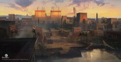 Rule 34 | 1boy, assassin&#039;s creed: origins, assassin&#039;s creed (series), boat, city, company name, concept art, copyright notice, dechambo, egyptian architecture, hood, obelisk, outdoors, palm tree, pink sky, shield, shield on back, signature, sky, tree, water, watercraft, watermark, yellow sky