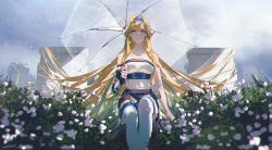 Rule 34 | 1girl, aenrs, arknights, arm at side, bare arms, black skirt, blonde hair, blue eyes, blue hairband, blue sky, braid, breasts, collarbone, commentary request, day, detached sleeves, dragon horns, earrings, feet out of frame, flower, hair between eyes, hairband, highres, holding, holding umbrella, horns, jewelry, long hair, long sleeves, looking at viewer, medium breasts, miniskirt, outdoors, parted lips, pillar, saileach (arknights), signature, single detached sleeve, sitting, skirt, sky, smile, solo, strapless, sunlight, thighhighs, transparent, transparent umbrella, twin braids, umbrella, underbust, very long hair, white flower, white thighhighs