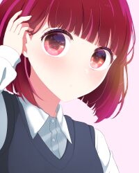 Rule 34 | 1girl, absurdres, adjusting hair, arima kana, black vest, blunt bangs, blush, bob cut, closed mouth, collared shirt, commentary request, highres, inverted bob, long sleeves, no pupils, oshi no ko, partial commentary, red eyes, red hair, shirt, short hair, solo, tuchan, vest, white shirt