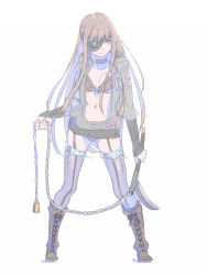 Rule 34 | 1girl, boots, bra, breasts, brown footwear, brown hair, choker, closed mouth, contrapposto, cross-laced footwear, enkyo yuuichirou, eyepatch, female focus, full body, garter straps, grey thighhighs, hair over one eye, highres, hisho collection, holding, holding weapon, hood, hood down, hooded jacket, jacket, legs apart, looking to the side, navel, one eye covered, open clothes, open jacket, original, panties, purple choker, purple panties, simple background, smile, solo, spread legs, standing, thighhighs, underwear, weapon, white background, yellow eyes