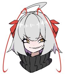 1girl ahoge antenna_hair antennae arknights black_scarf demon_girl demon_horns dr_yamero grey_hair highres horns parted_lips red_horns scarf scowl sharp_teeth short_hair simple_background smile solo teeth w_(arknights) white_background yellow_eyes