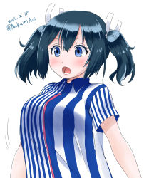 Rule 34 | 10s, 1girl, alternate costume, blue eyes, blue hair, blush, breasts, employee uniform, hair ribbon, kantai collection, lawson, matching hair/eyes, mukaibi aoi, open mouth, ribbon, solo, souryuu (kancolle), twintails, uniform, upper body