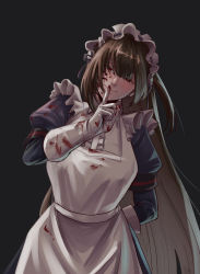 Rule 34 | 1girl, absurdres, apron, blood, blood on clothes, blood on face, blood splatter, dress, dryseaweed, finger to mouth, gloves, highres, last origin, long hair, looking at viewer, maid, maid apron, maid headdress, purple hair, red eyes, scissors lise, solo, white apron, white gloves, yandere