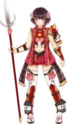 Rule 34 | 1girl, boots, brown hair, flower, full body, hair flower, hair ornament, holding, holding polearm, holding spear, holding weapon, kawamatsu yoshinori, midriff, navel, official art, oshiro project:re, oshiro project:re, polearm, red eyes, shinpu (oshiro project), short hair, skirt, sleeveless, solo, spear, thigh boots, thighhighs, transparent background, weapon