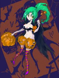 Rule 34 | 00s, 1girl, bandages, bat (animal), green eyes, green hair, halloween, higurashi no naku koro ni, jack-o&#039;-lantern, matching hair/eyes, ponytail, pumpkin, pumpkin pants, socks, solo, sonozaki mion, thighhighs
