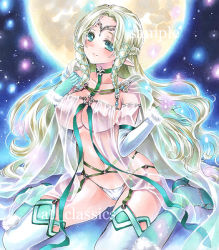 Rule 34 | 1girl, artist name, at classics, blonde hair, blue eyes, blush, boots, breasts, cape, circlet, cleavage, covered erect nipples, elbow gloves, elf, female focus, garter straps, gloves, gradient background, hair ornament, hair ribbon, head tilt, large breasts, long hair, looking at viewer, marker (medium), moon, original, panties, pointy ears, ribbon, sample watermark, see-through, sitting, sky, smile, solo, thigh boots, thighhighs, traditional media, underwear, very long hair, wariza, watermark