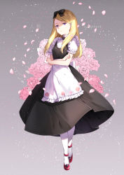 Rule 34 | 1girl, apron, black bow, black dress, blonde hair, bow, chitetan, closed mouth, commentary request, copyright request, cross-laced footwear, dress, flower, frilled apron, frills, grey background, hair bow, long hair, looking at viewer, pantyhose, petals, pink flower, pink rose, puffy short sleeves, puffy sleeves, purple eyes, red footwear, rose, shirt, short sleeves, solo, standing, waist apron, white apron, white pantyhose, white shirt