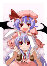 Rule 34 | 2girls, :d, animal ears, apron, bad id, bad pixiv id, bat wings, be (o-hoho), blue hair, blush, blush stickers, carrying, dress, grabbing another&#039;s ear, female focus, frills, frown, hand on another&#039;s ear, hat, hat ribbon, highres, light purple hair, loafers, long hair, multiple girls, open mouth, rabbit ears, red eyes, reisen udongein inaba, remilia scarlet, ribbon, shoes, short hair, shoulder carry, smile, touhou, wavy mouth, wings
