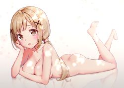 Rule 34 | 10s, 1girl, areola slip, ass, bang dream!, barefoot, blonde hair, blush, breasts, brown eyes, c8oyk, cleavage, hair ornament, hair scrunchie, head rest, head tilt, ichigaya arisa, large breasts, long hair, looking at viewer, lying, nude, on stomach, open mouth, ponytail, scrunchie, solo, the pose, toes, x hair ornament