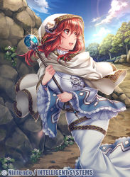 Rule 34 | 1girl, cape, day, dress, fire emblem, fire emblem: mystery of the emblem, floating hair, forest, fumi (butakotai), hair between eyes, holding, holding staff, indoors, lena (fire emblem), lens flare, long dress, long hair, looking back, nature, nintendo, outdoors, red eyes, red hair, solo, sparkle, staff, tree, white cape, white dress