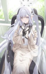 Rule 34 | 1girl, absurdres, black gloves, blue archive, brown jacket, cake walker, closed mouth, commentary request, facing viewer, flower, gloves, grey eyes, grey hair, hair flower, hair ornament, halo, hands up, highres, himari (blue archive), indoors, jacket, light smile, long hair, long sleeves, looking ahead, on chair, pointy ears, shirt, sitting, solo, wheelchair, white flower, white shirt